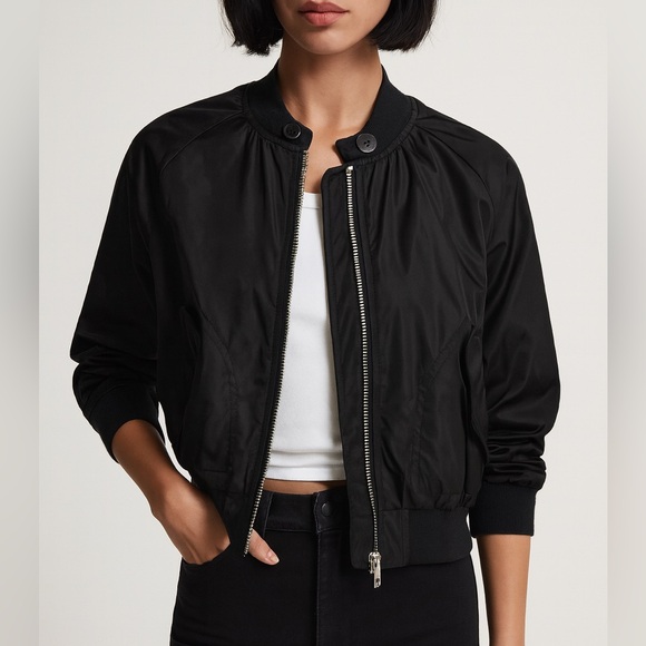 Free People Black Midnight Bomber Jacket Long Sleeves Cropped Women’s Size XS - Picture 1 of 12
